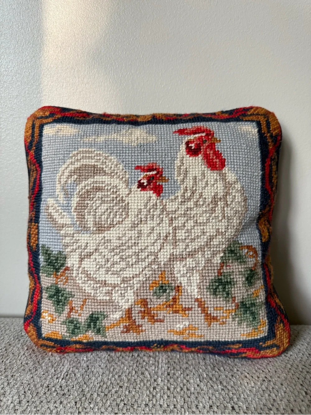 Vintage Cream Rooster Needlepoint Throw Pillow - Unbranded